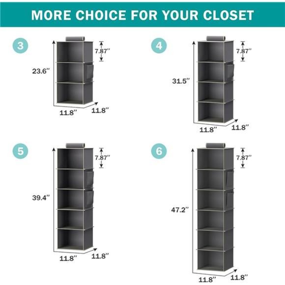Hanging Closet Organizer and Storage,6-Shelf Closet Hanging Storage Shelves,Grey - Picture 3 of 5